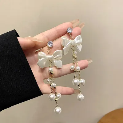 Zircon White Bow Pearl Long Earrings