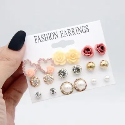 9 Pairs Crystal Pearl Flower Stud Earring Set