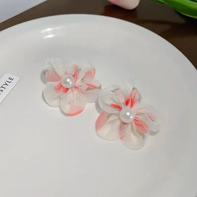 Cute Sweet Pearl Organza Big Flowers Petal Earrings