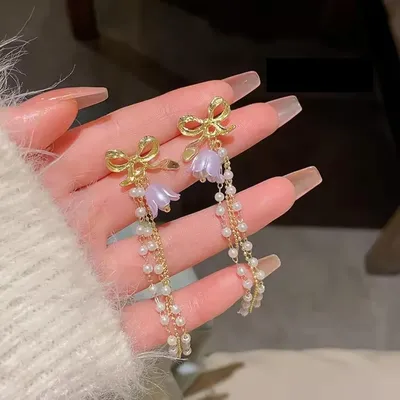 Bowknot Pearl Orchid Flower Long Tassel Earrings