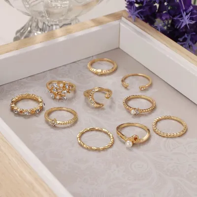 Bohemian Vintage Crystal Moon Flower Fashion Rings (10 pcs)