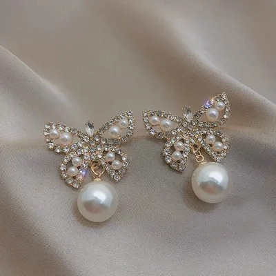Crystal Butterfly Pearl Earrings 