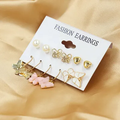 Crystal Rhinestone Heart Butterfly Drop Earring Set (6 pairs)