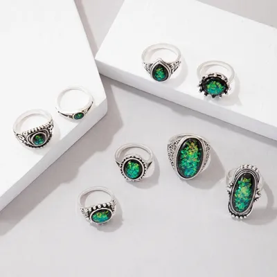 Green Geometric Opal Stone Finger Ring Set (8 pcs)