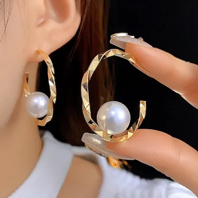 Golden Pearl Circle Shape Hoop Earrings