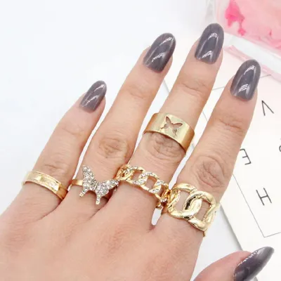 Crystal Butterfly Chain Finger Ring Set (5 pcs) 