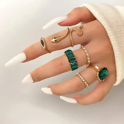 Geometric Green Snake Knuckle Ring Set (6 pcs)