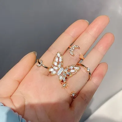 Fashion Crystal Golden Butterfly Finger Ring Set (5 pcs)
