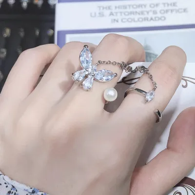 Unique Pearl Design Adjustable Silver Butterfly Ring Set