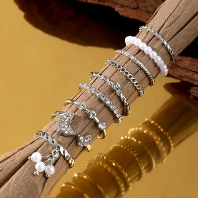 9 pcs Faux Pearl & Butterfly Decor Finger Ring Set 