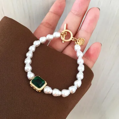 Pearl Beaded Green Crystal Charm Bracelet