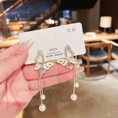 Simple Butterfly Tassel Rhinestone Pearl Earring 
