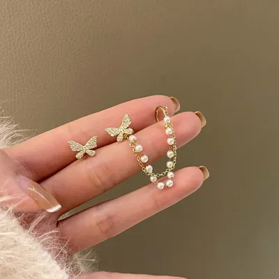 Butterfly Rhinestone Stud Cuff Chain Earrings