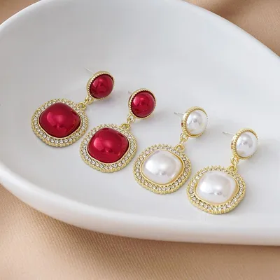 Beautiful Square Diamond Pearl Earrings 