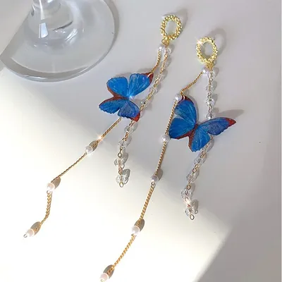 Delicate Blue Butterfly Pearl Crystal Tassel Earrings