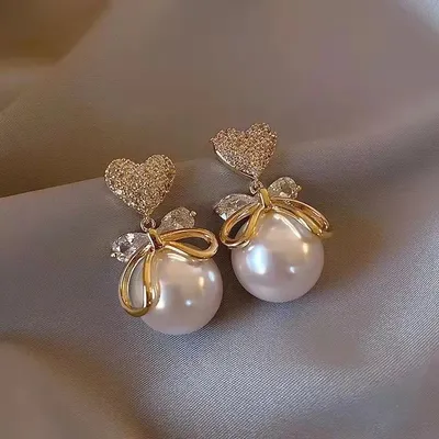 Heart Bow Pearl Stud Earrings