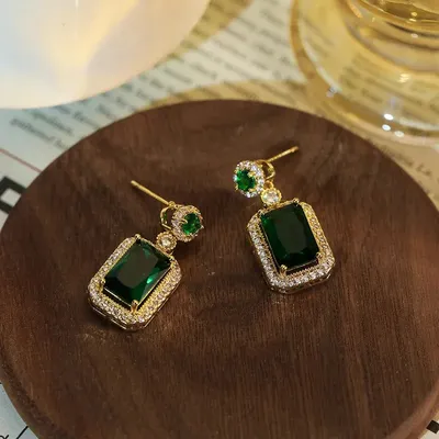 Vintage Green Crystal Square Earrings