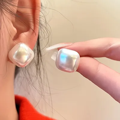 Korean Pearl Geometric Square Stud Earrings