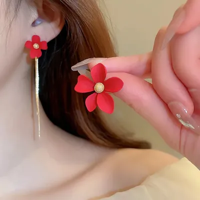 Classy Red Flower Long Tassel Earrings