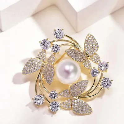 Rhinstone Butterfly and Pearl Brooch Pin