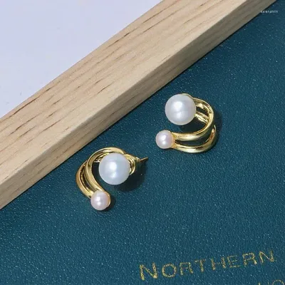 Double Pearl Golden Stud Earrings