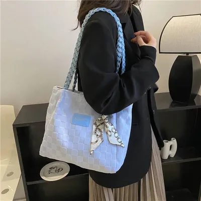 Large Capacity Plaid Pattern Braided Shoulder Tote Bag