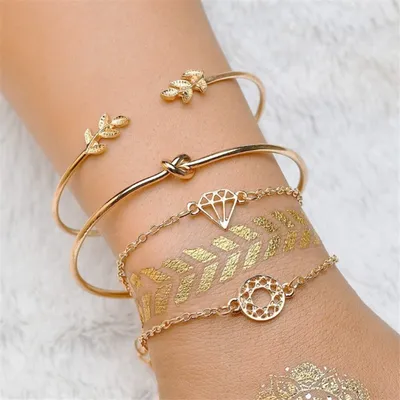 Trendy Leaves Knot Round Chain Open Bracelet Set (4 pcs )