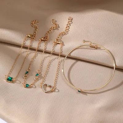 Fashion Green Heart-shaped Square Crystal Bracelet Set (4 pcs)