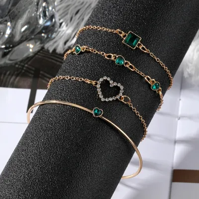 Fashion Green Heart-shaped Square Crystal Bracelet Set (4 pcs)
