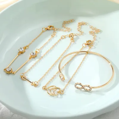 Double Love Arrow Chain Rhinestone Bracelet Set (4 pcs)