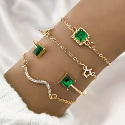 Geometric Square Green Zirconia Cuff Bracelet Set (4 pcs)
