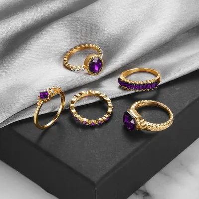 Vintage Purple Crystal Fashion Ring Set (5 pcs)