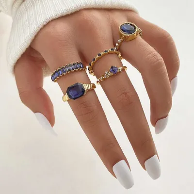 Bohemian Blue Crystal Geometric Rings Set (6 Pcs)