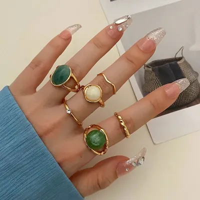 Women Vintage Crystal Gemstone Finger Ring (6 pcs)