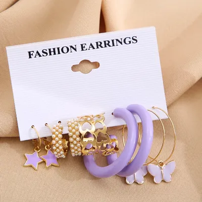 Vembley Multi Designer Purple  Hoop Earrings Set (5 pairs)