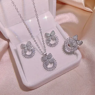 Elegant And Sweet Bow Knot Diamond Earring Necklace Ring Set