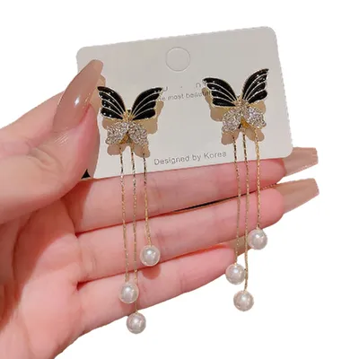 Luxury Black Butterfly Long Tassel Earrings 