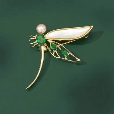 Korean Pearl Green Crystal Dragonfly Brooch
