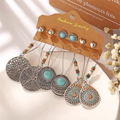 Vintage Big Round Multicolor Beaded Long Earrings Set (6 Pairs)