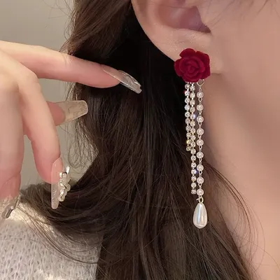 Red Rose Flower Pearl Tassel Earrings