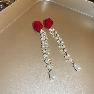 Red Rose Flower Pearl Tassel Earrings
