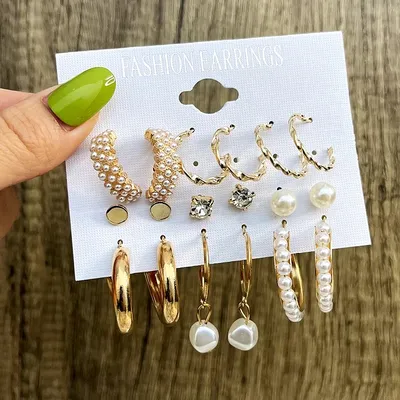 Elegant Round Shape White Pearl Mini Hoop Earrings Set (9 pairs)