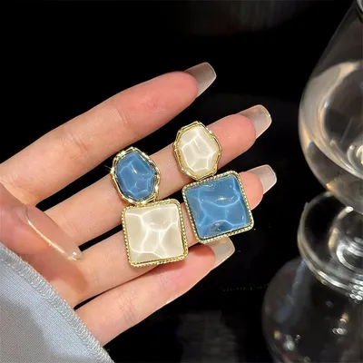 Blue White Classic Wave Pattern Square Earrings 