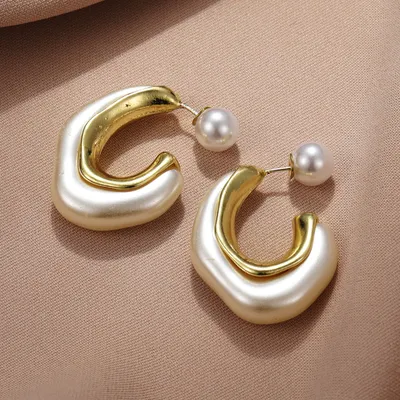 Golden Pearl Irregular Shaped Hoop Earrings