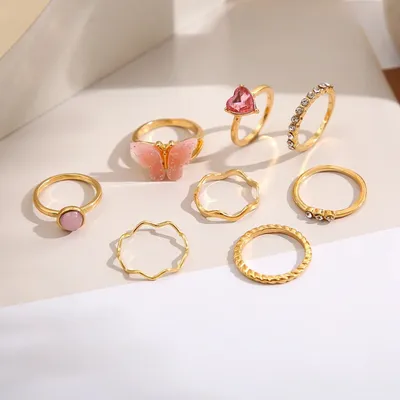 Pink Butterfly Heart Finger Ring Set (8 pcs)