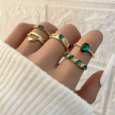 Luxury Green Love Rhinestone Rings Set (5 pcs)