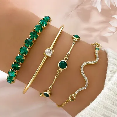 4 pcs Rhinestone Green Gemstone Bracelet Set