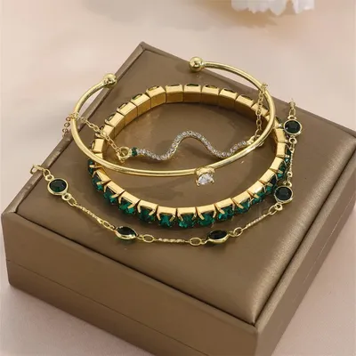 4 pcs Rhinestone Green Gemstone Bracelet Set