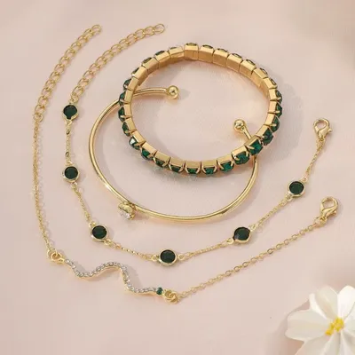 4 pcs Rhinestone Green Gemstone Bracelet Set