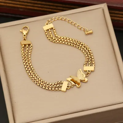 18k Gold Zircon Butterfly Cuban Chain Bracelet